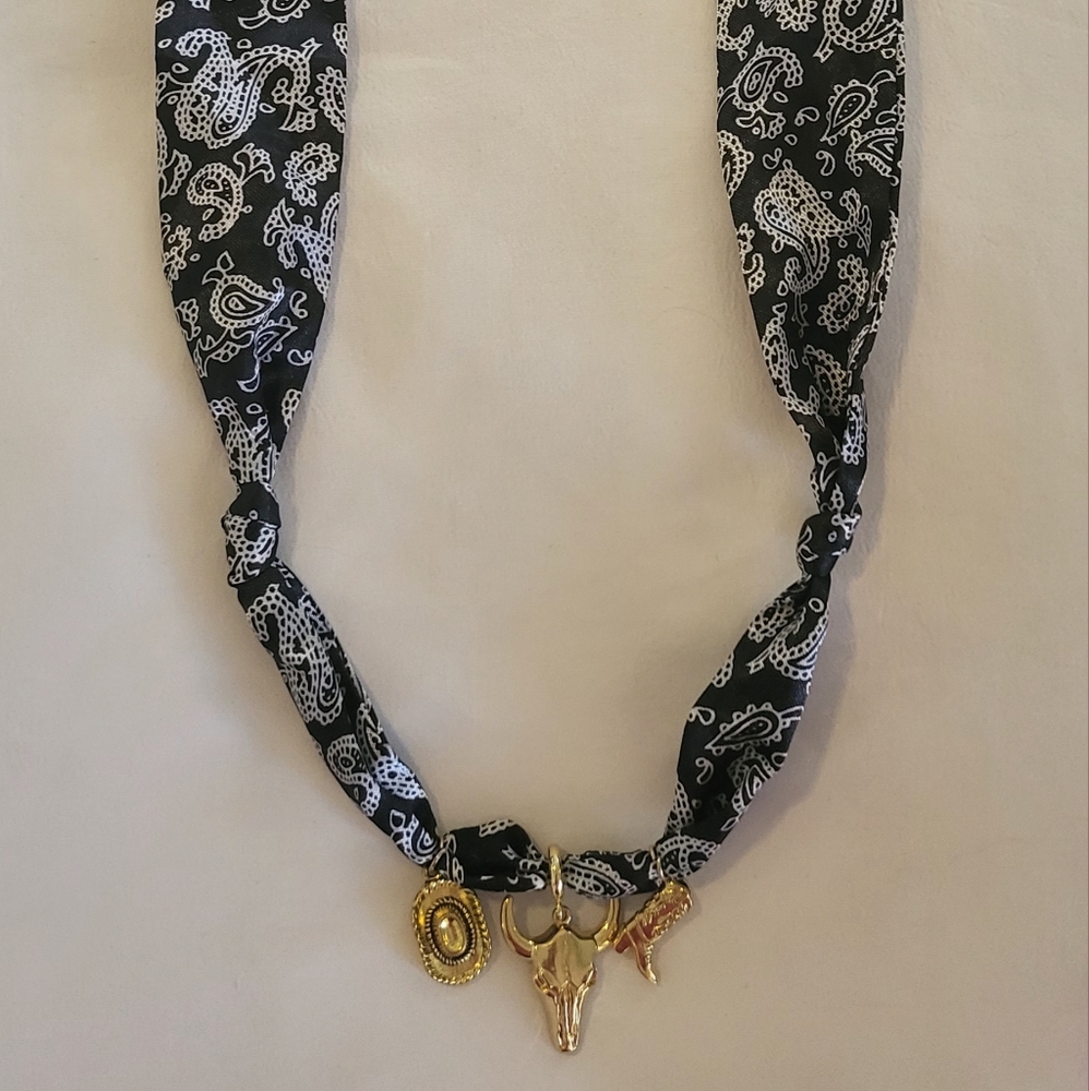 Black and Gold Western Charm Necklace 16 Inch Long